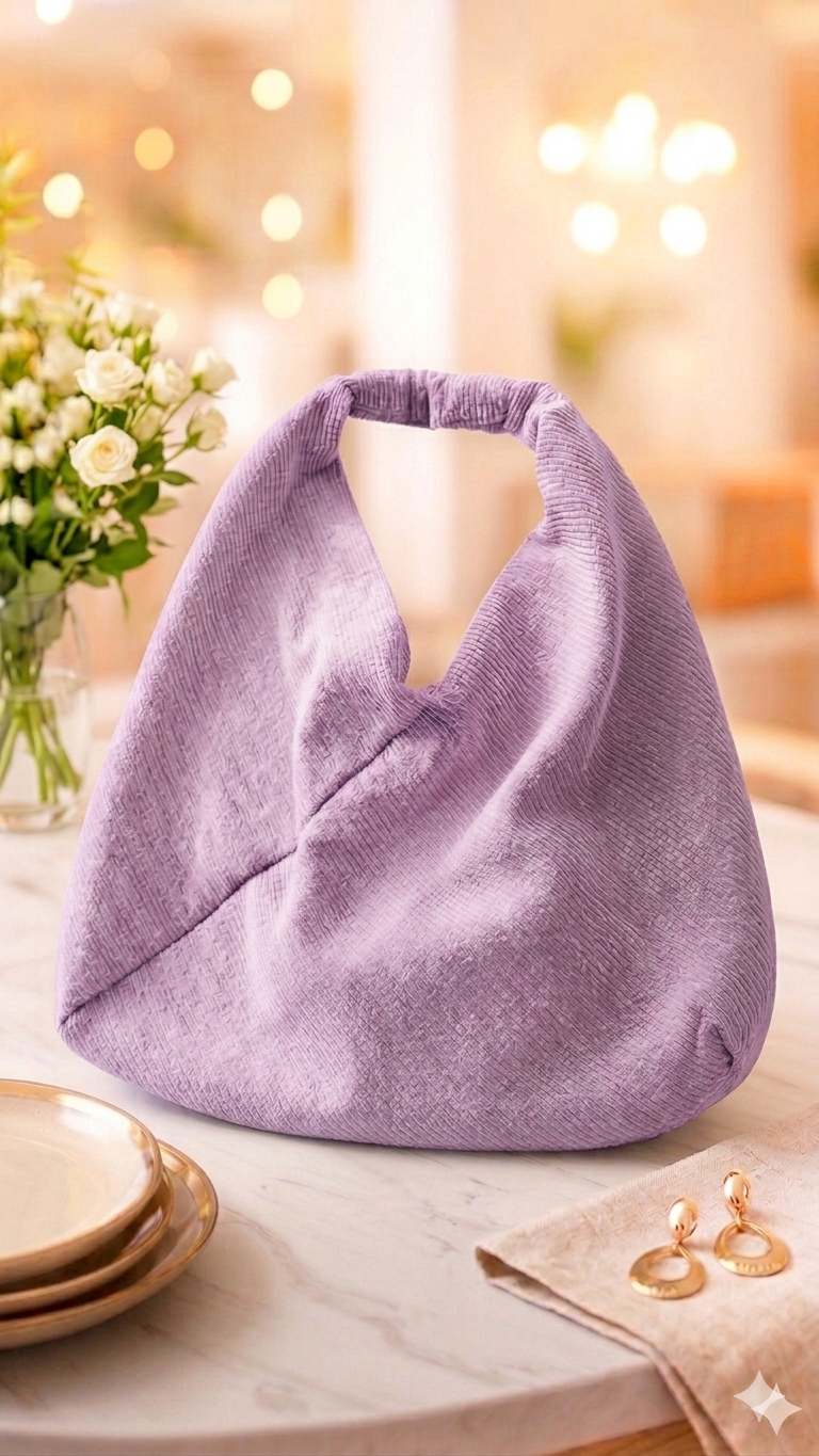 Sac hobo bohème Mia en velours côtelé parme